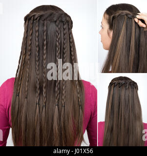 hairstyle braided cascade tutorial step by step. Hairstyle for long hair Stock Photo