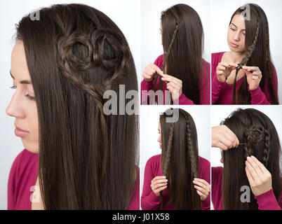simple hairstyle braided heart tutorial step by step. Hairstyle for long hair for Valentine's Day or romantic party Stock Photo