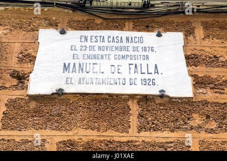 Cadiz Spain- April 1: House where born the Spanish composer Manuel de Falla on 23 November 1876, registration indicates in marble indicates its conmem Stock Photo