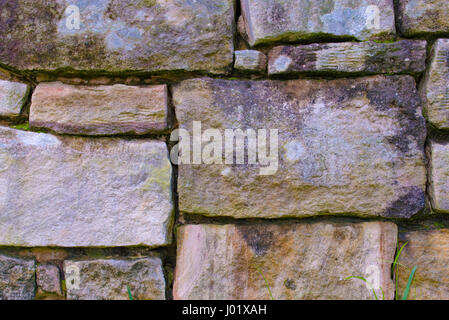 Natural Sydney sandstone cut into rectangular shapes in a retaining wall Stock Photo