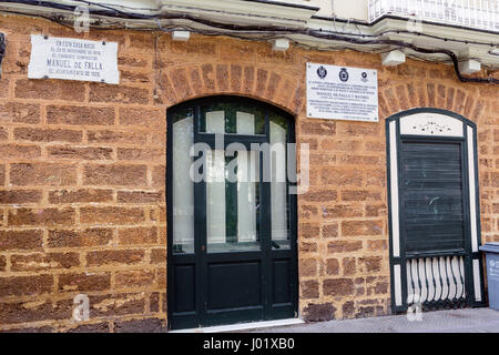 Cadiz Spain- April 1: House where born the Spanish composer Manuel de Falla on 23 November 1876, registration indicates in marble indicates its conmem Stock Photo