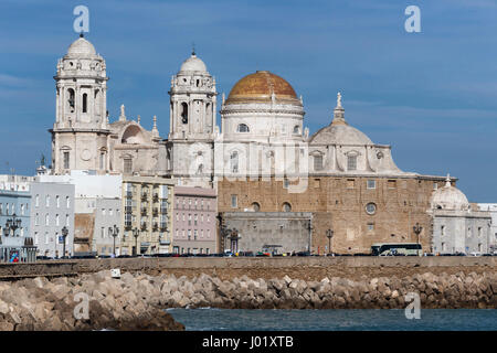 Panoramic view of the city on March, bordered by the Mediterranean sea and its Cathedral, Cadiz, Andalusia, Spain Stock Photo