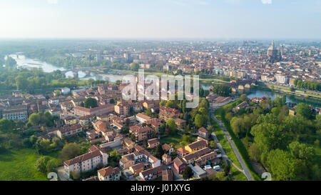 Aerial view of Pavia and the Ticino River, View of the Cathedral of Pavia, Covered Bridge and the Visconti Castle. Lombardia, Italy Stock Photo