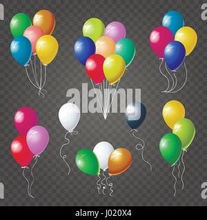 Set of flying colorful helium balloons. Festive decoration elements for birthday, holiday, anniversary, celebration design. Isolated on transparent ba Stock Vector