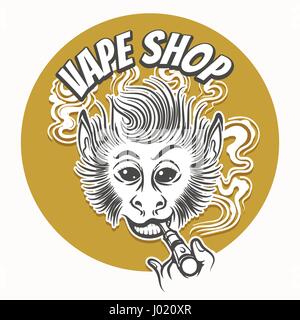 Smiling ape with electronic cigarette. Vape shop Emblem. Vector illustration Stock Vector