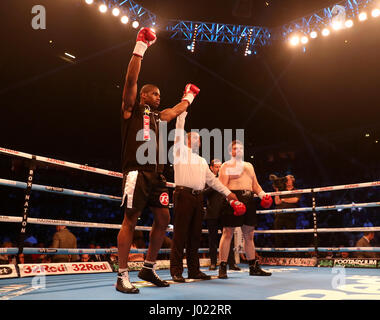 Daniel Dubois celebrates after victory over Marcus Kelly in the Heavyweight Contest at Manchester Arena. Stock Photo