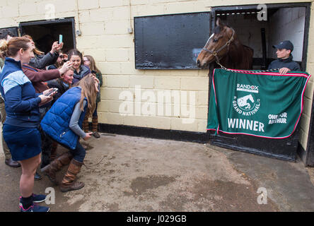 Crowds gather to see Grand National winner One For Arthur at trainer Lucinda her yard in Kinross, Scotland. Stock Photo