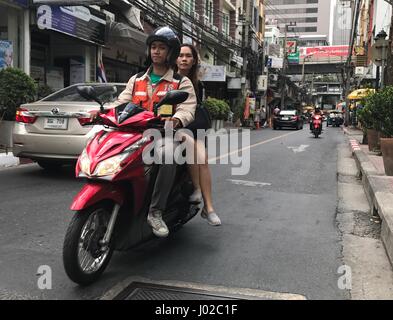 Bangkok, Thailand. 7th Apr, 2017. A motorcycle out and about in the streets of Bangkok, Thailand, 7 April 2017. Thailand's streets are amongst the most dangerous in the world. The kingdom has almost ten times as many road accident deaths as Germany - it is the number one cause of death amongst tourists. The risk is greatest every year during the Songkran festival. Photo: Christoph Sator/dpa/Alamy Live News Stock Photo