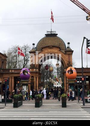 Copenhagen, Denmark. 8th Apr, 2017. People visit the Tivoli Gardens, in Copenhagen, Denmark, on April 8, 2017. Tivoli Gardens, located in the center of Denmark's capital city of Copenhagen, receives visitors with a large number of Easter eggs decorated at various locations to celebrate the Easter holidays. Credit: Shi Shouhe/Xinhua/Alamy Live News
