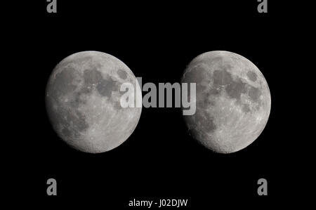 London, UK. 8th April 2017. 93% illuminated waxing gibbous moon in clear night sky above London (left) compared with the 86% illuminated moon from the evening of 7th April. London experiences unbroken clear spring skies over the weekend. Credit: Malcolm Park/Alamy Live News. Stock Photo