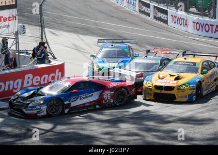 Long Beach, California, USA. 8th April, 2017. Track By Drivers For The Incident. 08th Apr, 2017. A multi-car incident in the hairpin turn on the final lap of the IMSA BUBBA Burger Sports Car Grand Prix at Long Beach had the entire racetrack blocked as race-leading Antonio Garcia in the No. 3 Corvette C7.R ahead of Tommy Milner and Richard Westbrook. Garcia attempted to pass outside but was blocked eventually finishing 5th with Milner taking the victory. 3GT Daytona driver Robert Alon was confronted on track by drivers for the incident. Long Beach California. Steven Erler/CSM/Alamy Live News Stock Photo