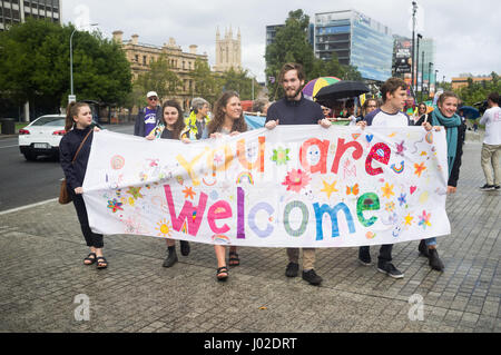 Adelaide Australia. 9th April 2017. Protesters marched to South Australia parliament to demanding  the closure by the Australian government of the offshore immigration detention centres  in Manus and Nauru which were  reopened  by the government in 2012 as part of a plan to prevent any asylum seeker arriving by boat from gaining resettlement in Australia Stock Photo