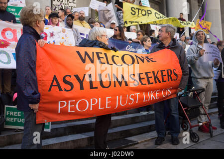 Adelaide Australia. 9th April 2017. Protesters marched to South Australia parliament to demanding  the closure by the Australian government of the offshore immigration detention centres  in Manus and Nauru which were  reopened  by the government in 2012 as part of a plan to prevent any asylum seeker arriving by boat from gaining resettlement in Australia Stock Photo