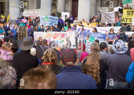 Adelaide Australia. 9th April 2017. Protesters marched to South Australia parliament to demanding  the closure by the Australian government of the offshore immigration detention centres  in Manus and Nauru which were  reopened  by the government in 2012 as part of a plan to prevent any asylum seeker arriving by boat from gaining resettlement in Australia Stock Photo