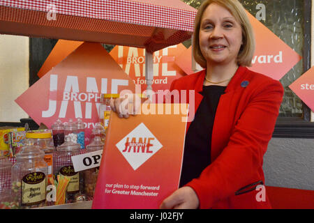 Manchester, UK. 8th April, 2017. Jane Brophy (Liberal Democrat candidate for Greater Manchester Mayor) launches her manifesto in Manchester on Saturday 8th April 2017 with former Manchester Withington MP John Leech and Manchester Gorton by-election candidate Jackie Pearcy. The Liberal Democrats are hoping to run Labour close in the Greater Manchester Mayoral and Manchester Gorton by-elections, both being held on the 4th May 2017. Stock Photo