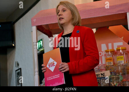 Manchester, UK. 8th April, 2017. Jane Brophy (Liberal Democrat candidate for Greater Manchester Mayor) launches her manifesto in Manchester on Saturday 8th April 2017 with former Manchester Withington MP John Leech and Manchester Gorton by-election candidate Jackie Pearcy. The Liberal Democrats are hoping to run Labour close in the Greater Manchester Mayoral and Manchester Gorton by-elections, both being held on the 4th May 2017. Stock Photo