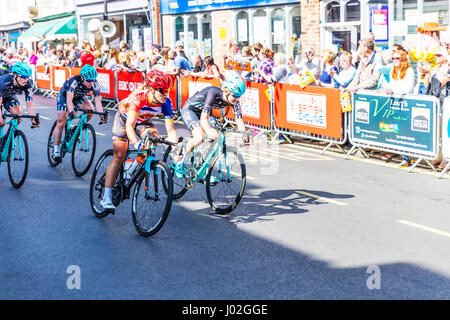 Louth, Lincolnshire, UK. 9th April, 2017. Tour of the Wolds in Louth Lincolnshire UK England 09/04/2017HSBC UK British Cycling national women's series road Professional cycling teams and professional cyclists cycle around the Wolds on a British Cycling Competitive Road Event. Womens event won by The Women's Tour Of The Wolds is a Womens Road Series event held over 62miles. The Men's Tour Of The Wolds is a Spring Cup Series event held over 102miles Credit: Iconic Cornwall/Alamy Live News Stock Photo