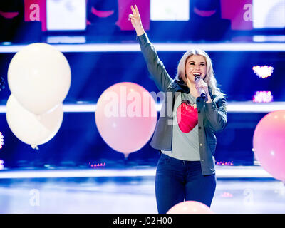 Magdeburg, Germany. 08th Apr, 2017. Singer Beatrice Egli during the recording of the TV show 'Willkommen bei Carmen Nebel' (lt. 'Welcome to Carmen Nebel's') in the GETEC Arena in Magdeburg, Germany, 08 April 2017. The show will be broadcast 13 April 2017 at 20:15 pm on ZDF. - NO WIRE SERVICE- Photo: Andreas Lander/dpa/Alamy Live News Stock Photo