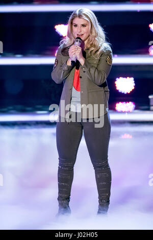 Magdeburg, Germany. 08th Apr, 2017. Singer Beatrice Egli during the recording of the TV show 'Willkommen bei Carmen Nebel' (lt. 'Welcome to Carmen Nebel's') in the GETEC Arena in Magdeburg, Germany, 08 April 2017. The show will be broadcast 13 April 2017 at 20:15 pm on ZDF. - NO WIRE SERVICE- Photo: Andreas Lander/dpa/Alamy Live News Stock Photo