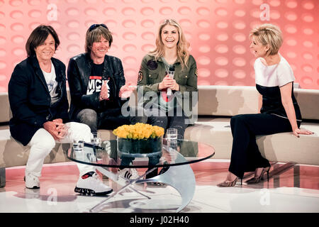 Magdeburg, Germany. 08th Apr, 2017. Singer Juergen Drews (l-r), Mickie Krause, Beatrice Egli and host Carmen Nebel during the recording of the TV show 'Willkommen bei Carmen Nebel' (lt. 'Welcome to Carmen Nebel's') in the GETEC Arena in Magdeburg, Germany, 08 April 2017. The show will be broadcast 13 April 2017 at 20:15 pm on ZDF. - NO WIRE SERVICE- Photo: Andreas Lander/dpa/Alamy Live News Stock Photo