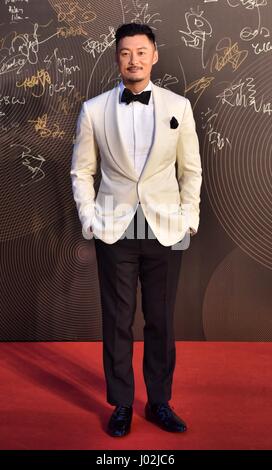 Hong Kong, China. 9th Apr, 2017. Actor Shawn Yue poses on the red carpet during the 36th Hong Kong Film Awards in Hong Kong, south China, April 9, 2017. Credit: Wang Xi/Xinhua/Alamy Live News Stock Photo