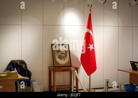 Bydgoszcz, Poland. 09th Apr, 2017. A Turkish flag is seen along with a portrait of Kemal Ataturk, founder of the Republic of Turkey in its embassy in Warsaw on 9 April, 2017. Credit: Jaap Arriens/Alamy Live News Stock Photo