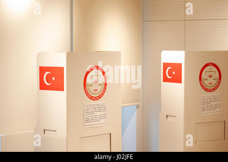 Bydgoszcz, Poland. 09th Apr, 2017. Cardboard voting booths are seen at the Turkish embassy in Warsaw where people can take part in the constitutional referendum on 9 April, 2017. Credit: Jaap Arriens/Alamy Live News Stock Photo