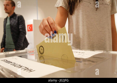 Bydgoszcz, Poland. 09th Apr, 2017. People are seen voting for the constitutional referendum at the Turkish embassy in Warsaw, Poland on 9 April, 2017. Credit: Jaap Arriens/Alamy Live News Stock Photo