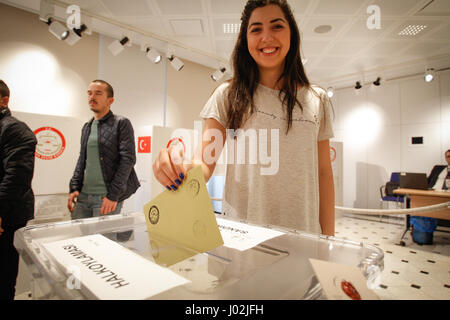 Bydgoszcz, Poland. 09th Apr, 2017. People are seen voting for the constitutional referendum at the Turkish embassy in Warsaw, Poland on 9 April, 2017. Credit: Jaap Arriens/Alamy Live News Stock Photo