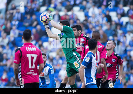 Barcelona, Spain. 8th April, 2017. Pacheco stop the ball during La Liga Santander matchday 31 game between Espanyol and Alaves. April 8, 2017. RCDE Stadium, Barcelona Spain. Credit: VWPics/Alamy Live News Stock Photo