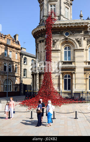 The weeping window display of ceramic red poppies from the Maritime museum on Victoria square, Stock Photo