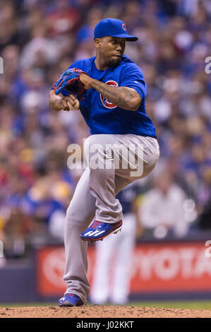 Milwaukee, WI, USA. 08th Apr, 2017. Chicago Cubs relief pitcher Pedro Strop #46 delivers a pitch in the Major League Baseball game between the Milwaukee Brewers and the Chicago Cubs at Miller Park in Milwaukee, WI. Cubs defeated the Brewers 11-6. John Fisher/CSM/Alamy Live News Stock Photo