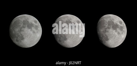 London, UK. 9th April 2017. 97% illuminated waxing gibbous moon in clear night sky above London (left) compared with 93% and 86% illuminated moon from the evenings of 8th and 7th April. London experienced unbroken clear spring skies over the weekend. Credit: Malcolm Park/Alamy Live News. Stock Photo