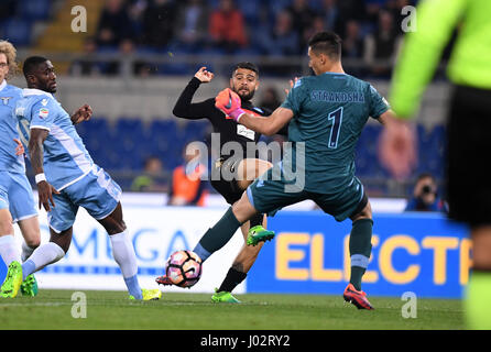 Rome, Italy. 9th Apr, 2017. Napoli's Lorenzo Insigne (2nd R) scores during a Serie A soccer match between Lazio and Napoli, in Rome, Italy, April 9, 2017. Napoli won 3-0. Credit: Alberto Lingria/Xinhua/Alamy Live News Stock Photo