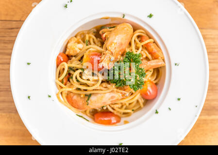 Prawn Pasta with Lobster bisque sauce Stock Photo