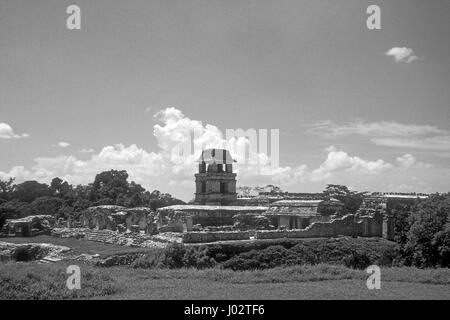 Black and white image of the Palace or El Palacio with its Maya observation tower at the Mayan ruins of Palenque as seen in the 1980's, Chiapas, Mexico Stock Photo