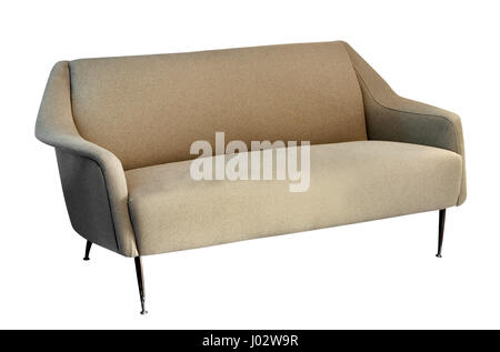 Light brown sofa on thin metal legs of old 50s design isolated on white background Stock Photo