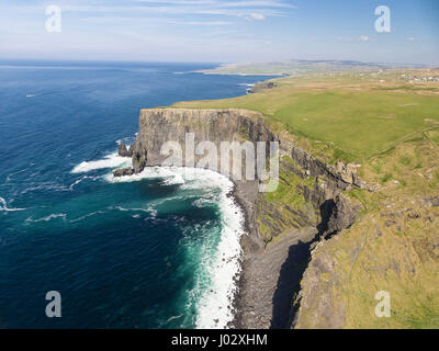 Aerial Ireland countryside tourist attraction in County Clare. The Cliffs of Moher and Burren Ireland. Epic Irish Landscape Seascape along the wild at