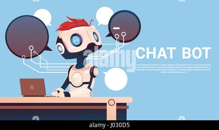 Chat Bot Using Laptop Computer, Robot Virtual Assistance Of Website Or Mobile Applications, Artificial Intelligence Concept Stock Vector