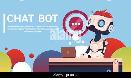 Chat Bot Using Laptop Computer, Robot Virtual Assistance Of Website Or Mobile Applications, Artificial Intelligence Concept Stock Vector