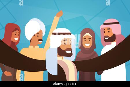 Muslim People Crown Man and Woman Traditional Clothes Arabic Characters Stock Vector