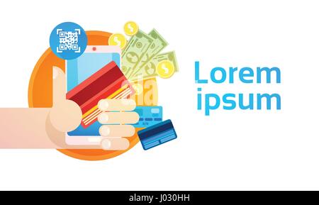 Hand Hold Cell Smart Phone Application Online Banking Payment Banner Stock Vector