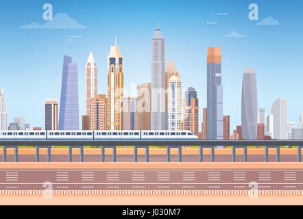 Subway Over City Skyscraper View Cityscape Background Skyline with Copy Space Stock Vector