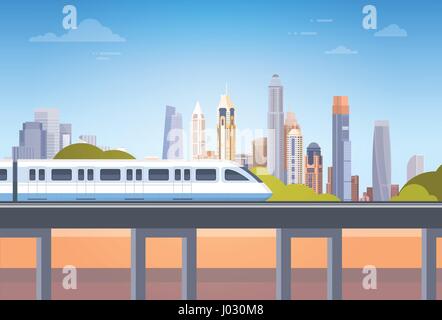 Subway Over City Skyscraper View Cityscape Background Skyline with Copy Space Stock Vector