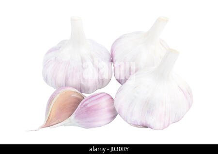 Three garlic heads and two garlic bulbets isolated on white background Stock Photo