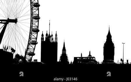 London, England, UK. Millennium Wheel / London Eye and the Houses of Parliament. Double decker bus crossing Waterloo Bridge. Digital silhouette Stock Photo