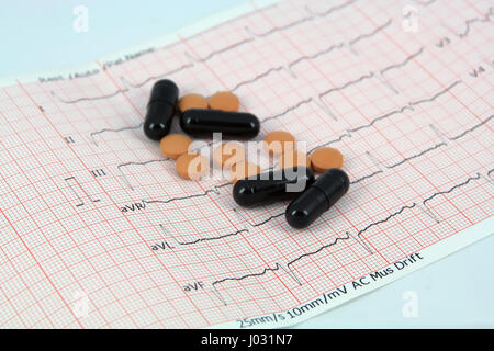 Medical pills and Electrocardiogram. ECG tape and pills. Stock Photo
