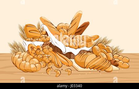 Bakery products on table. Basket with bread and other pastries draw. Roll vector collection in bakery shop. Vector illustration. Stock Vector