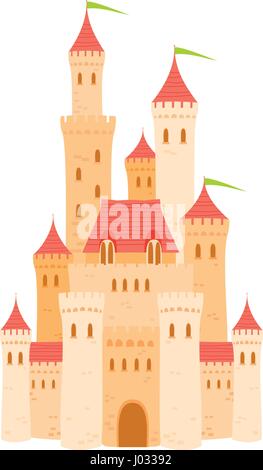Medieval cartoon castle with orange walls and towers on white background. Flat vector illustration Stock Vector