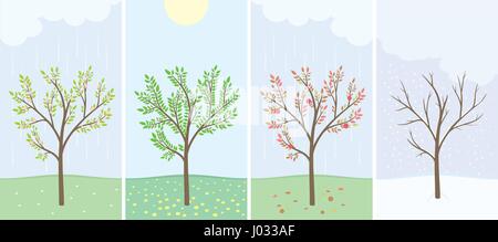Four season with tree. Spring, summer, autumn and winter. Passing of time concept. Flat vector illustration Stock Vector